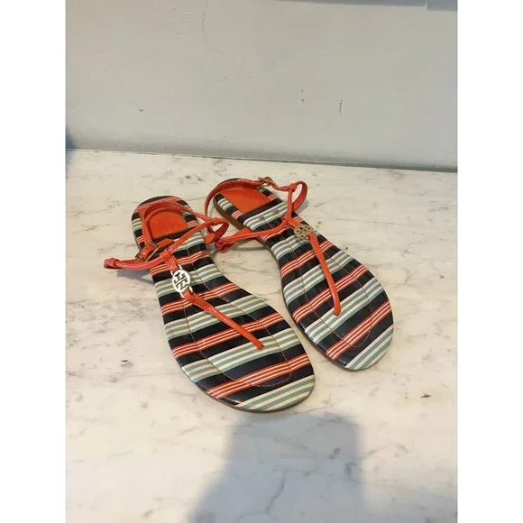 Tory Burch Shoes Womens Size 7 Striped Orange Thong Sandals Logo Flat Summer - Picture 1 of 6